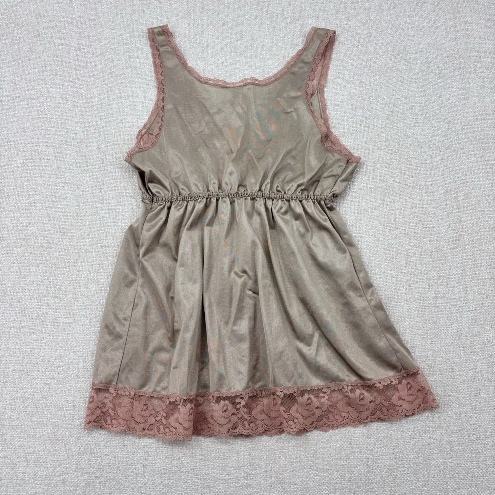 Vintage babydoll lace lingerie Bow tank top Sz Medium taupe pink pullover - Picture 2 of 7